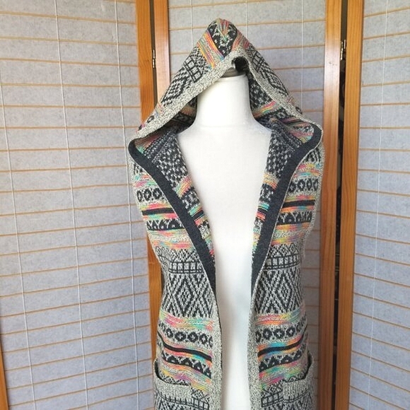 Tribal Knit Cardigan Sweater Vest Brightly Patterned Hooded Pockets Southwestern - Picture 1 of 10